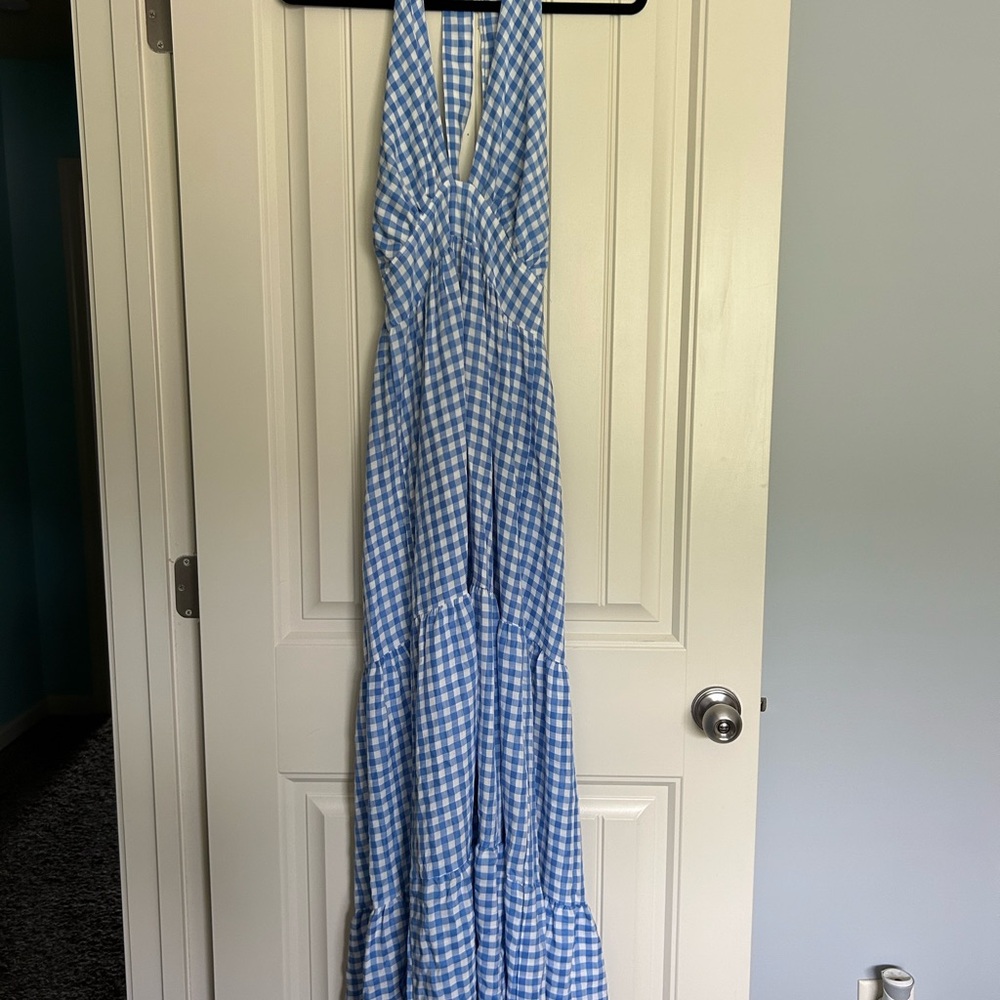 Ecowish Blue and White Gingham Maxi Dress - Picture 3 of 5